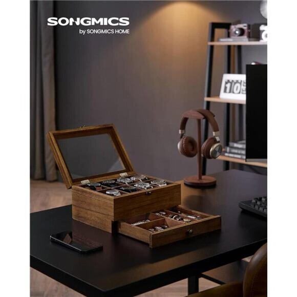 Wood Watch Box 8 Slot Two Tier Display Case Glass Lid Velvet Jewelry Storage - Picture 2 of 7